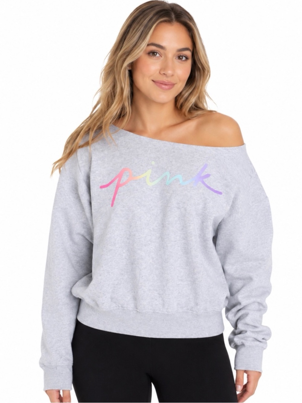 VICTORIA’S SECRET PINK | Rainbow Logo Gray Off the Shoulder Sweatshirt Sz. Small